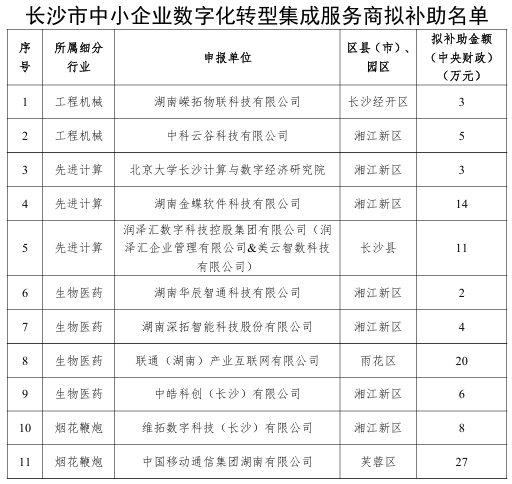 【項目公示】關于長沙市中小企業數字化轉型城市試點首批試點補助項目的公示